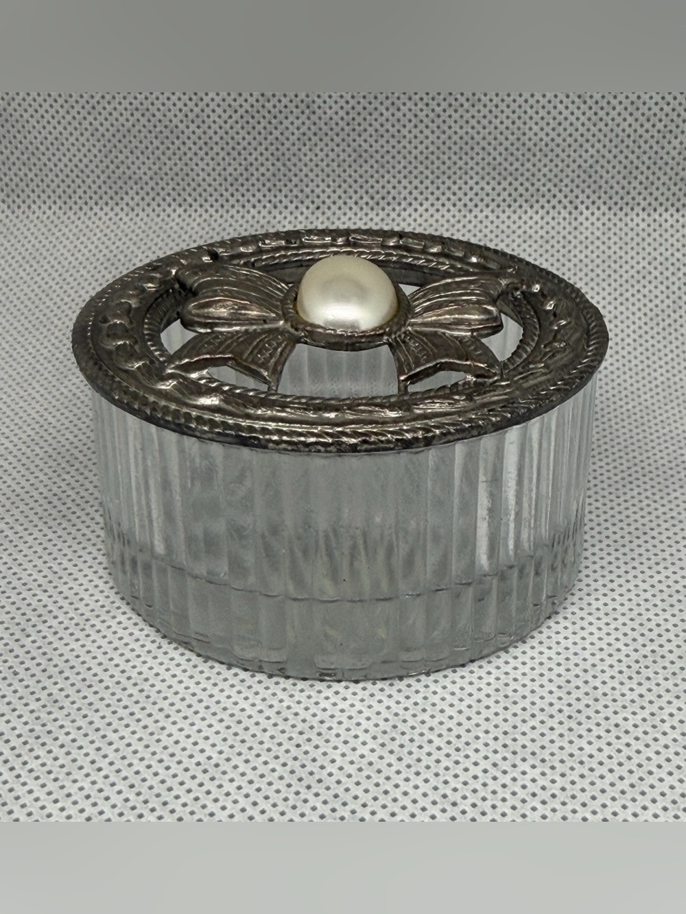 Vintage Crystal Trinket Box Faux Pearl Bow MetalLid Ribbon Coquette Vanity Decor